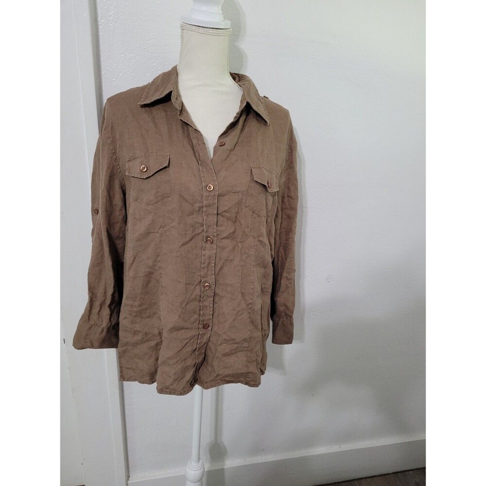 Chaus Organic Linen Blouse Size Large Brown Lagenlook Utility Button Up